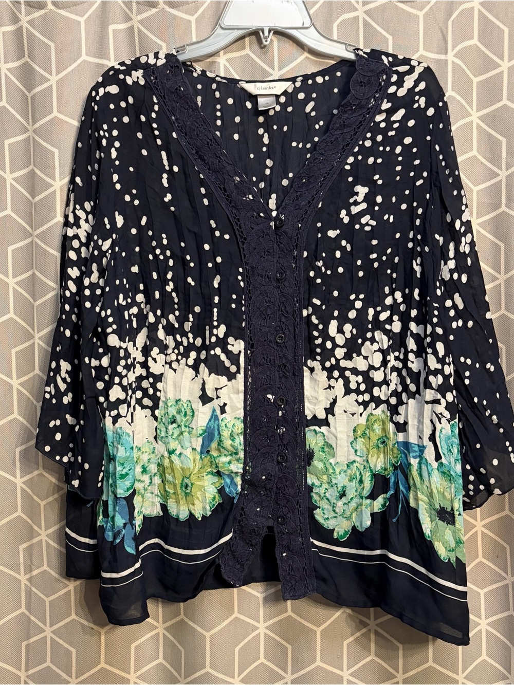 CJ Banks Navy Floral Border Button-Front Blouse